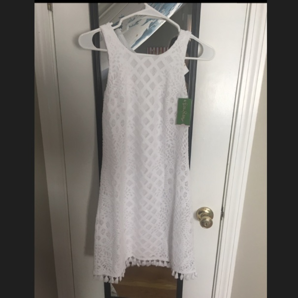 White lace Lilly Pulitzer shift dress.